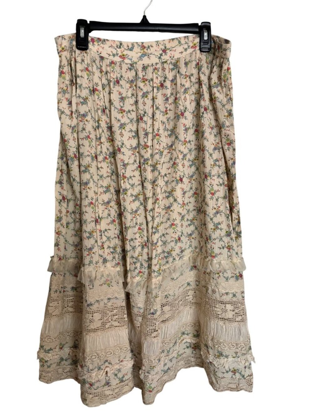 April Cornell Floral Maxi Skirt Crochet Lace Trim Boho Cottagecore Prairie XL
